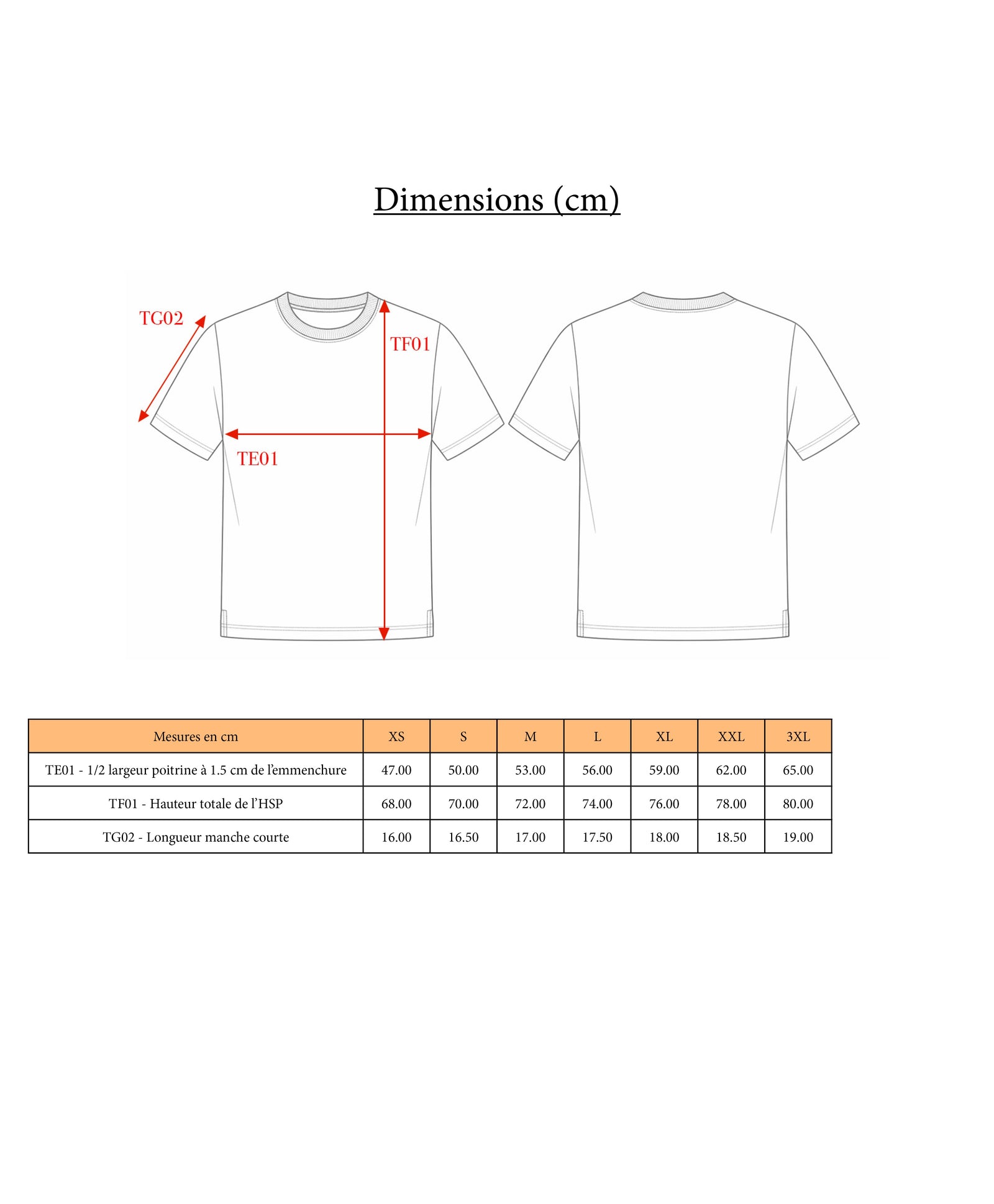 Guide des tailles T-shirt - "Bonheur"